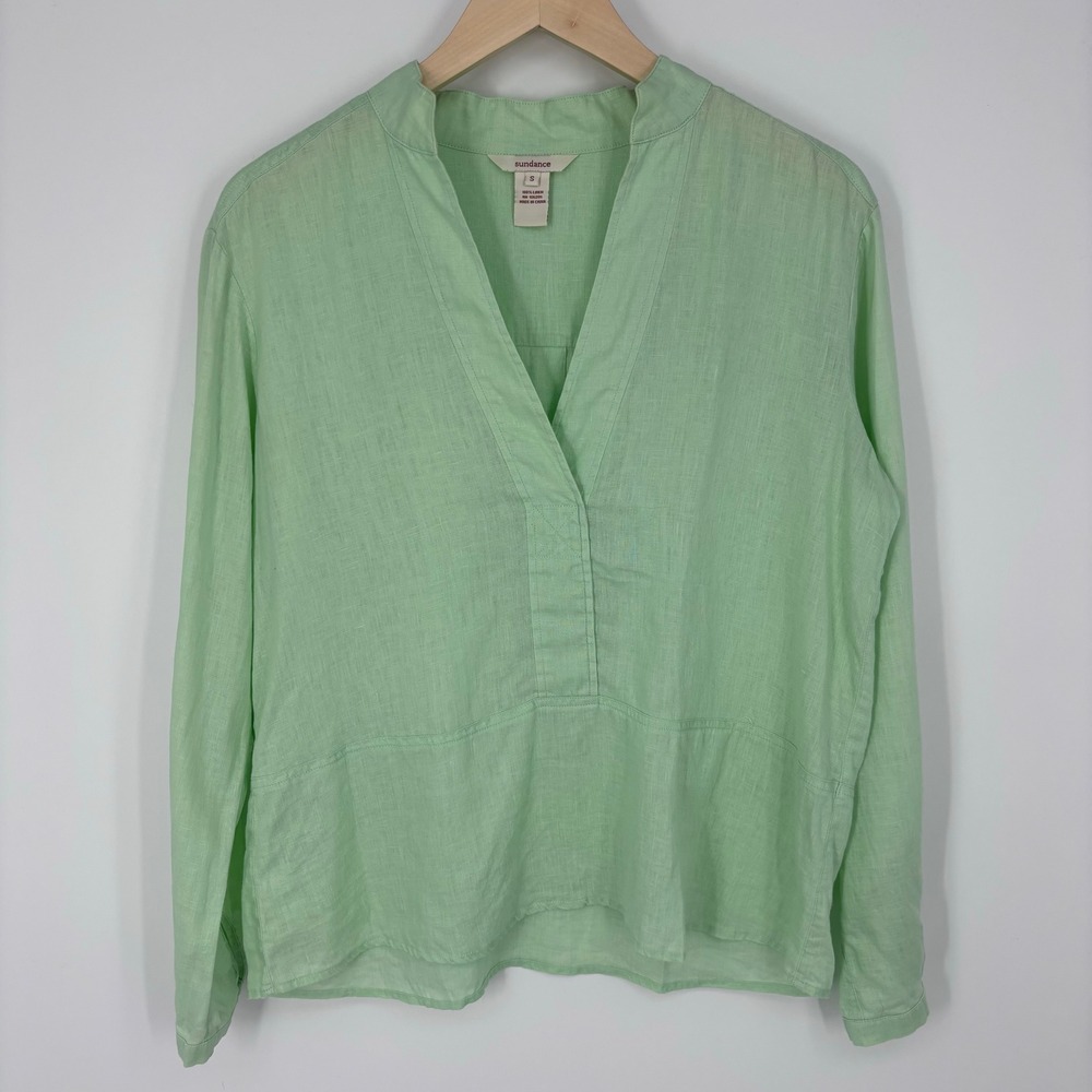 Sundance 100% Linen Split Neck Pullover Blouse Womens S Mint Green Pleated Back